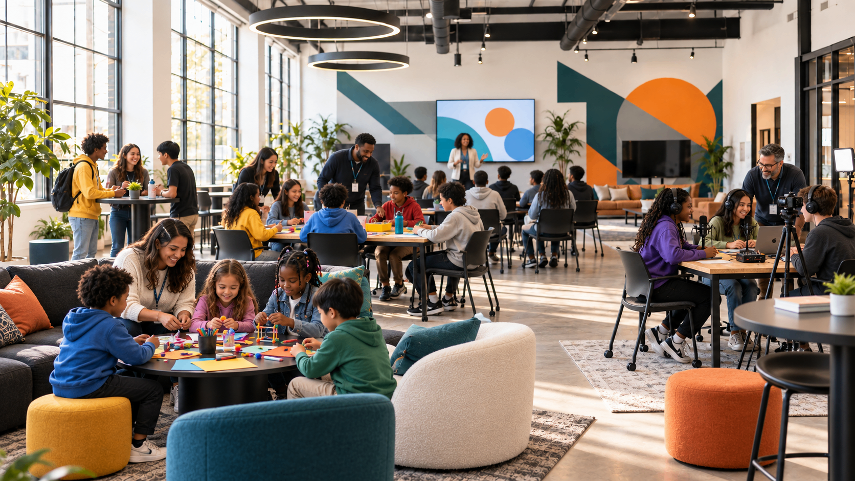 Children and teens taking part in community programs — craft tables, podcast recording and group learning sessions