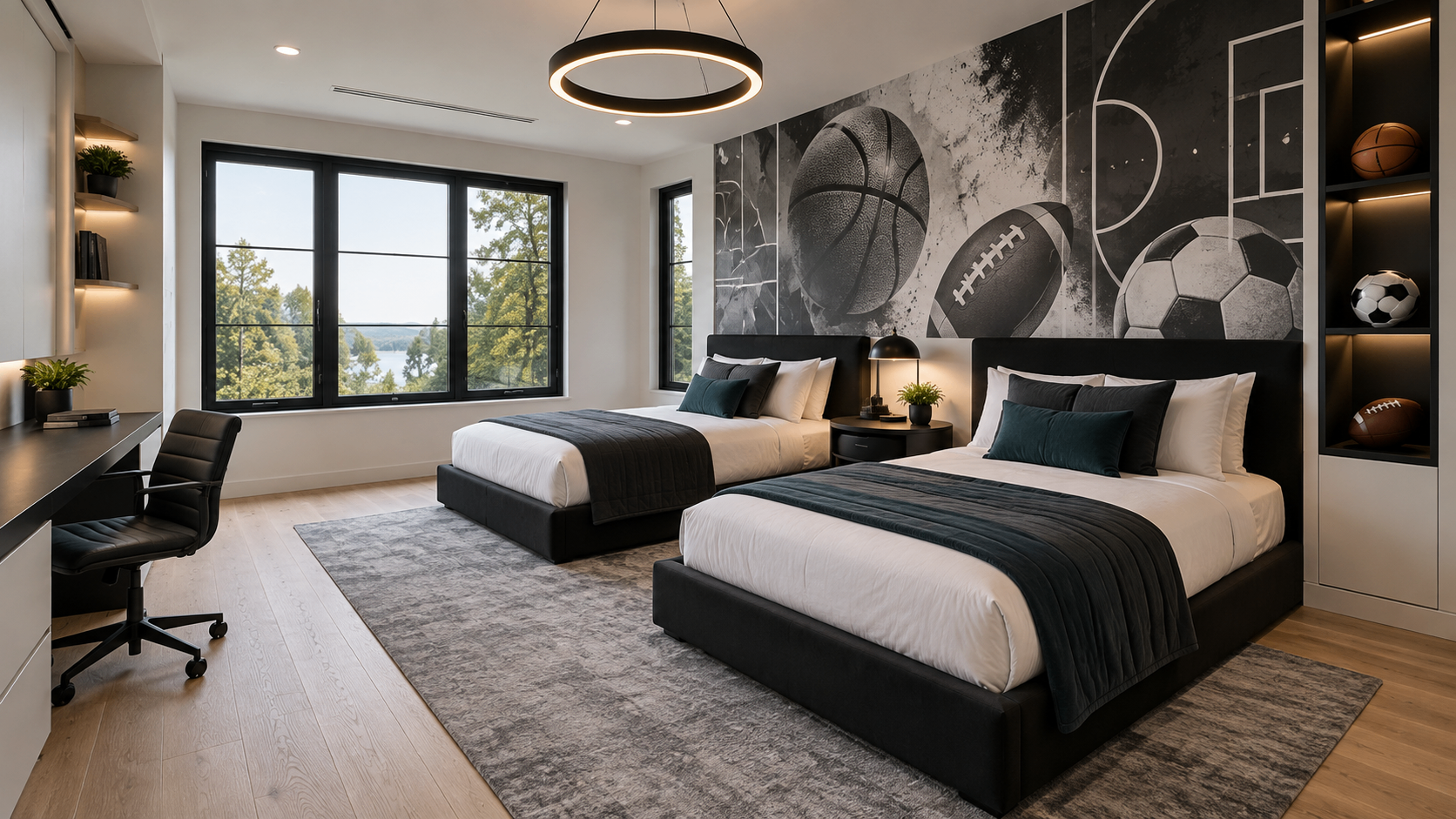 Boy's bedroom in an F21 short-term rental with a sports mural, built-in desks and backlit shelving
