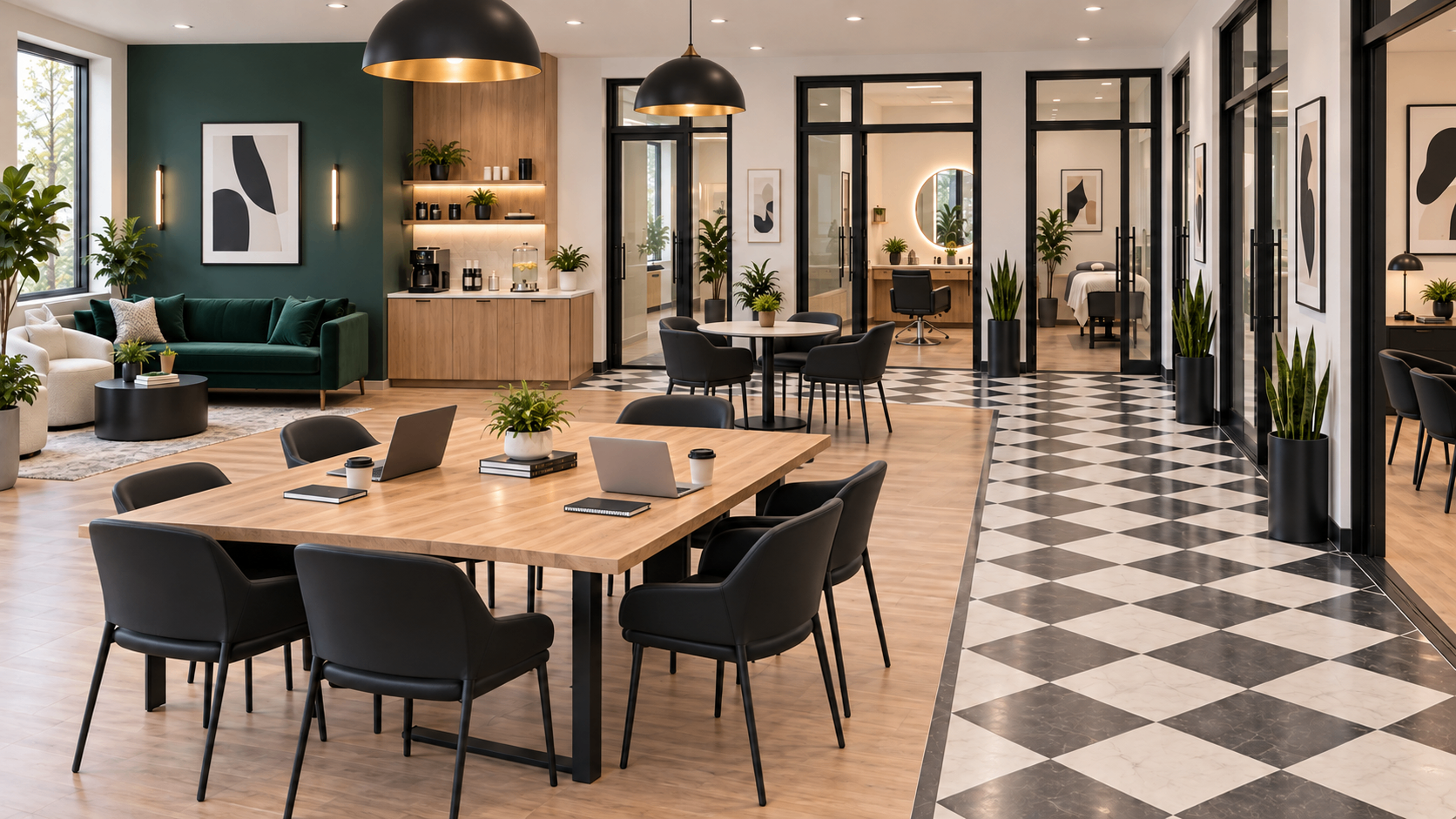 The F21 shared lounge and workspace with a communal table, green velvet seating and glass-walled suites
