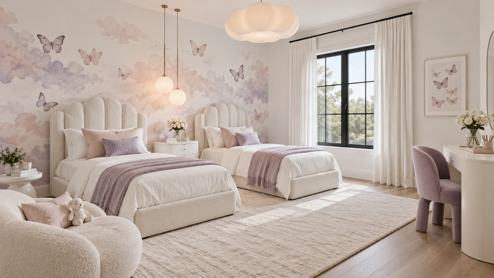 Girl's twin bedroom in an F21 short-term rental with a butterfly and cloud mural, vanity and reading chair