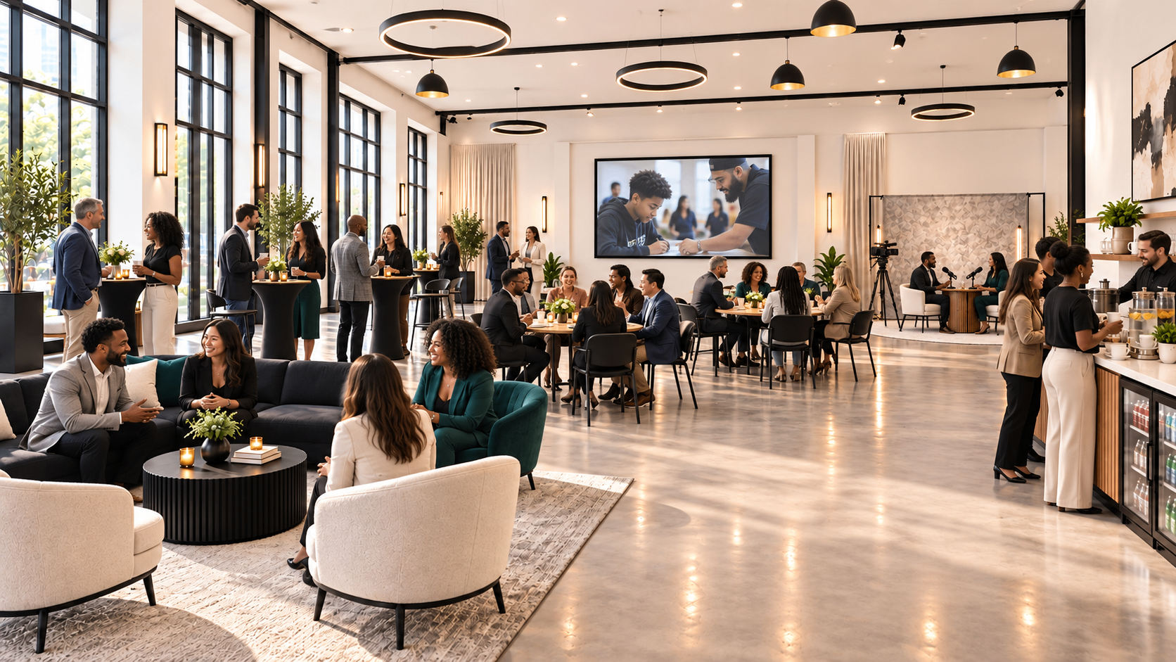 Guests socializing at an evening reception in the venue — cocktail tables, lounge seating, a refreshment bar and a podcast recording corner