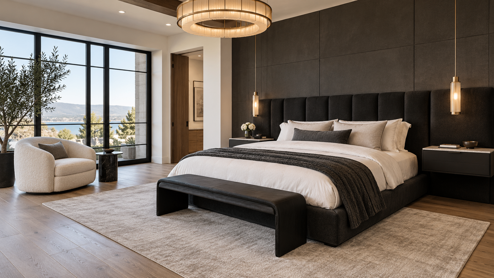 Master bedroom in an F21 short-term rental with a king bed, chandelier and lake view