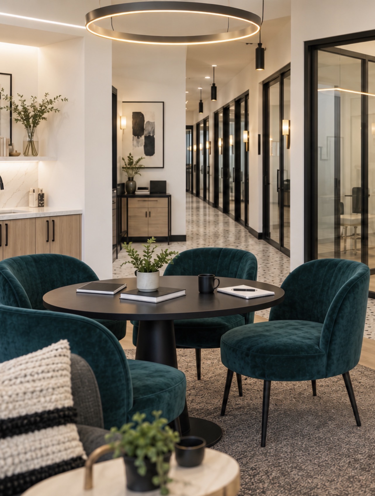The F21 suite lounge with teal velvet chairs and a hallway of glass-fronted suites