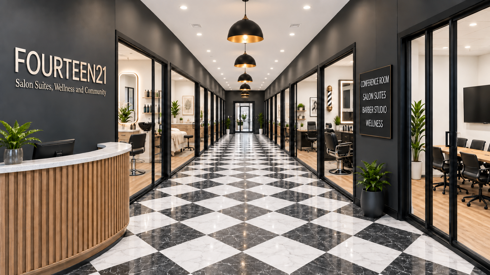 FOURTEEN21 salon, wellness and community corridor with pendant lights and black-and-white tile flooring