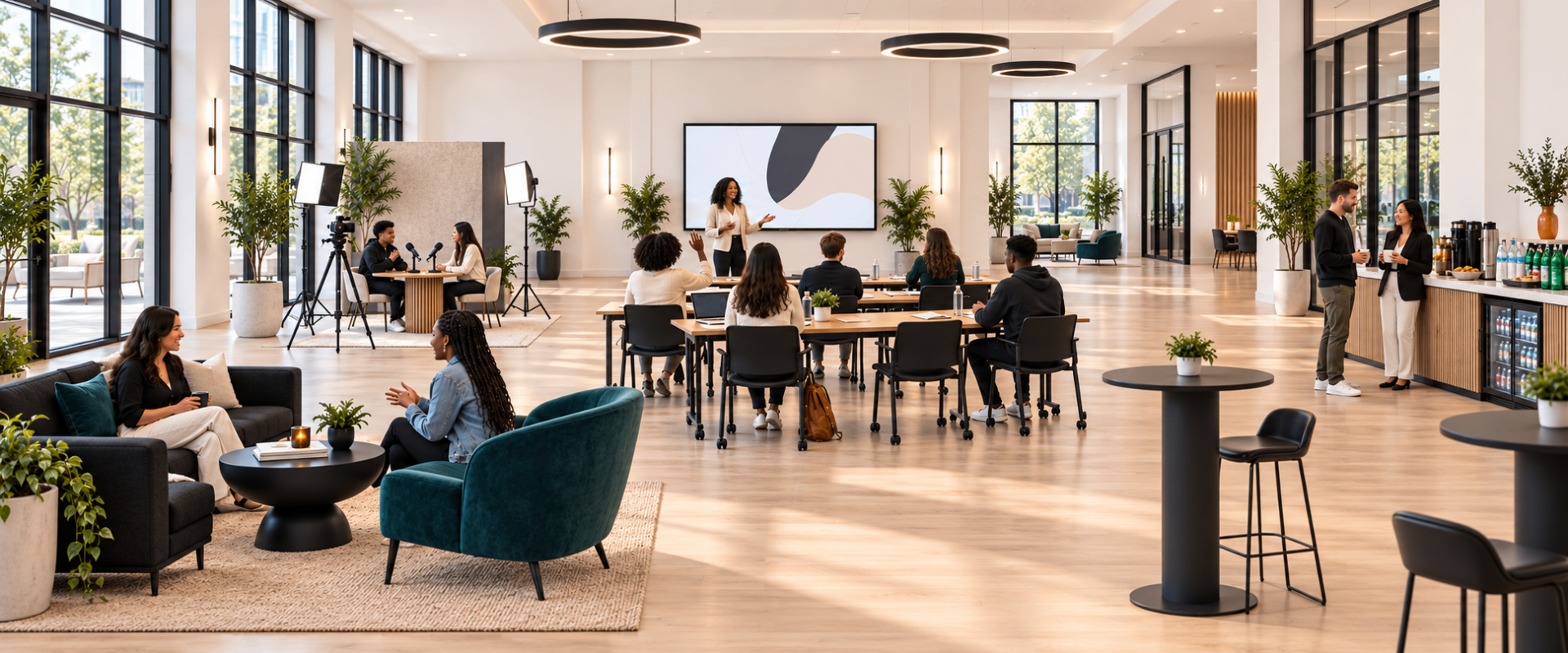 A professional training session in the space, with attendees at workshop tables, a presenter at a screen and a podcast recording corner