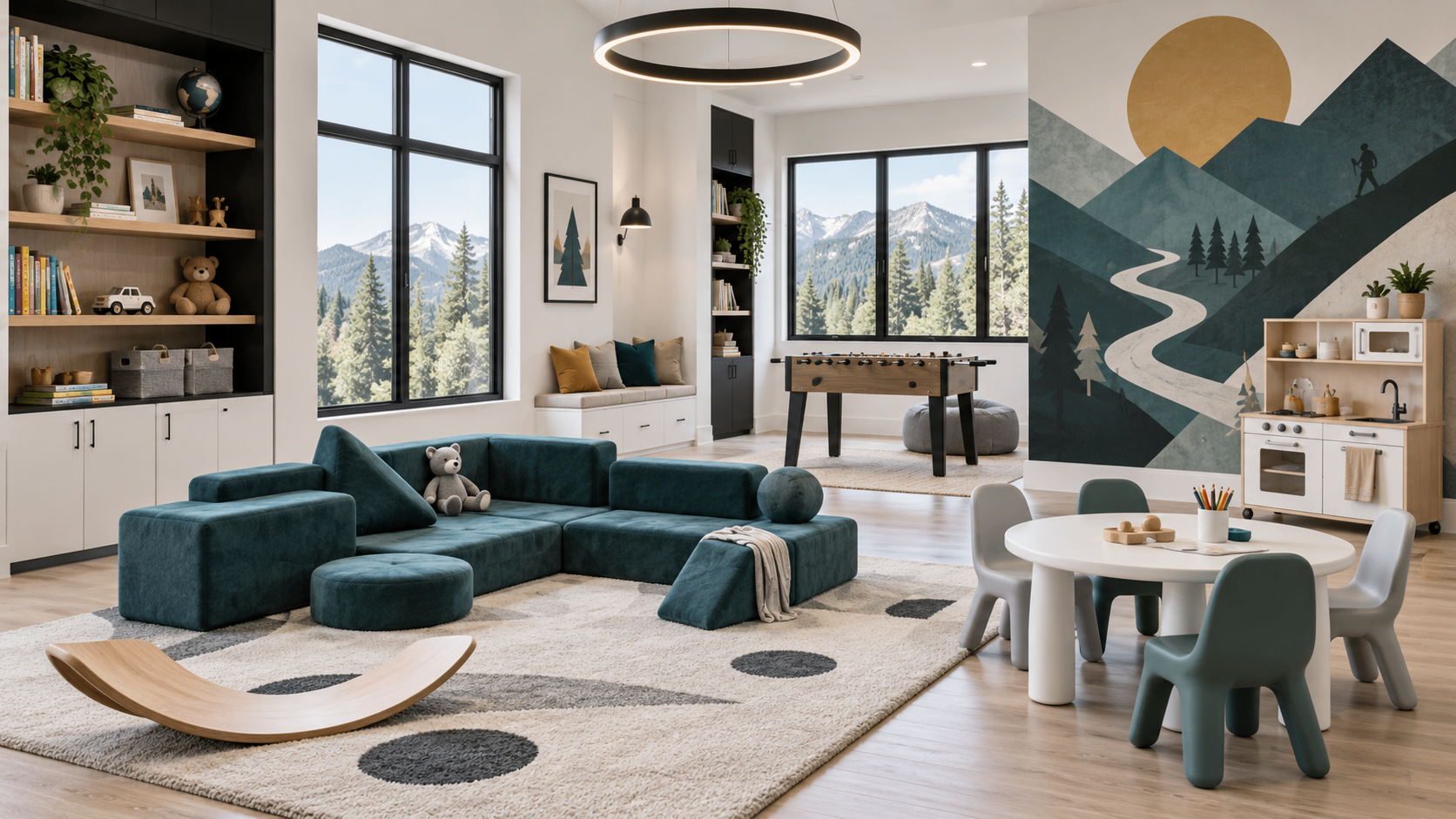 Bright kids' playroom in an F21 short-term rental with a play couch, activity table and mountain mural